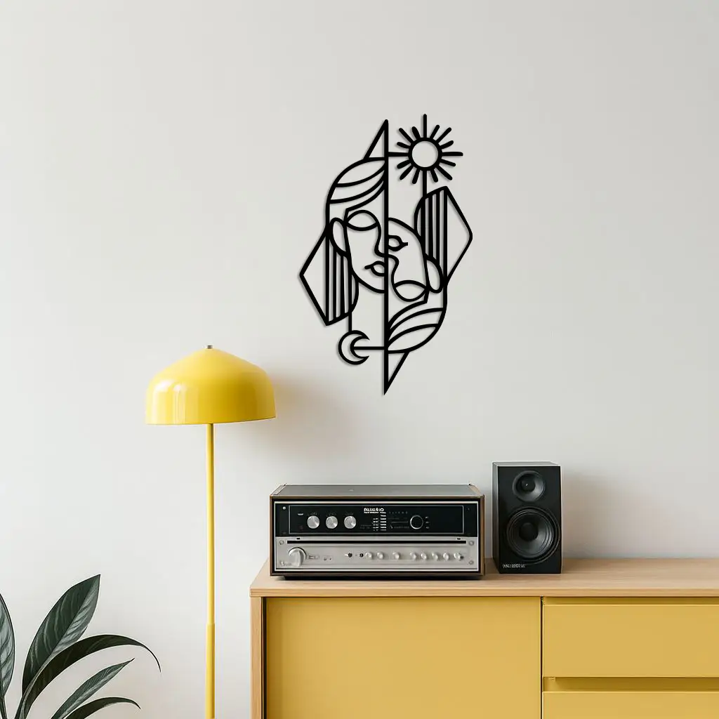 Abstract Face Metal Wall Art – Sun and Moon Geometric Line Design - KAFGP135 by Enova Art