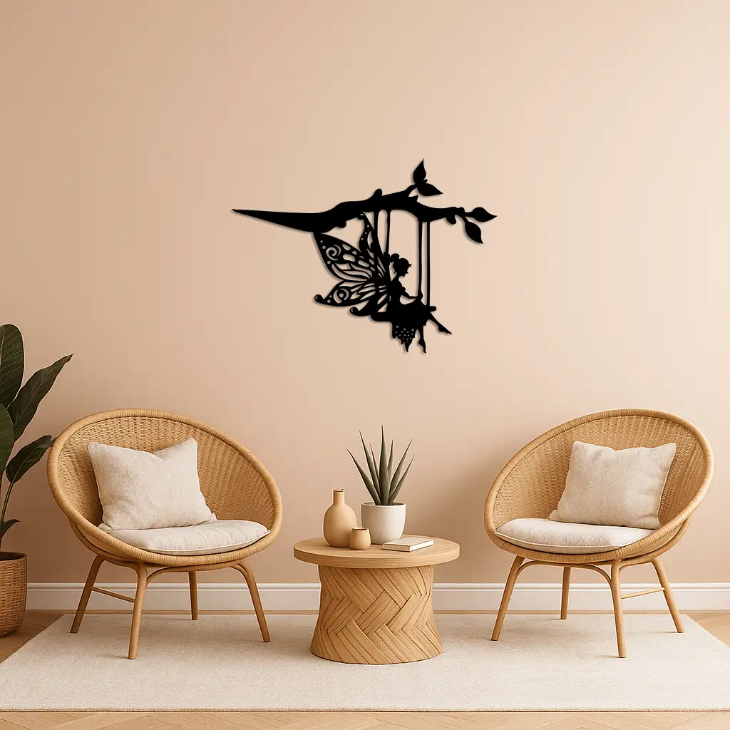 Enchanted Fairy on Swing Metal Garden Wall Art – Outdoor Fantasy Decor - KAFGP138 by Enova Art