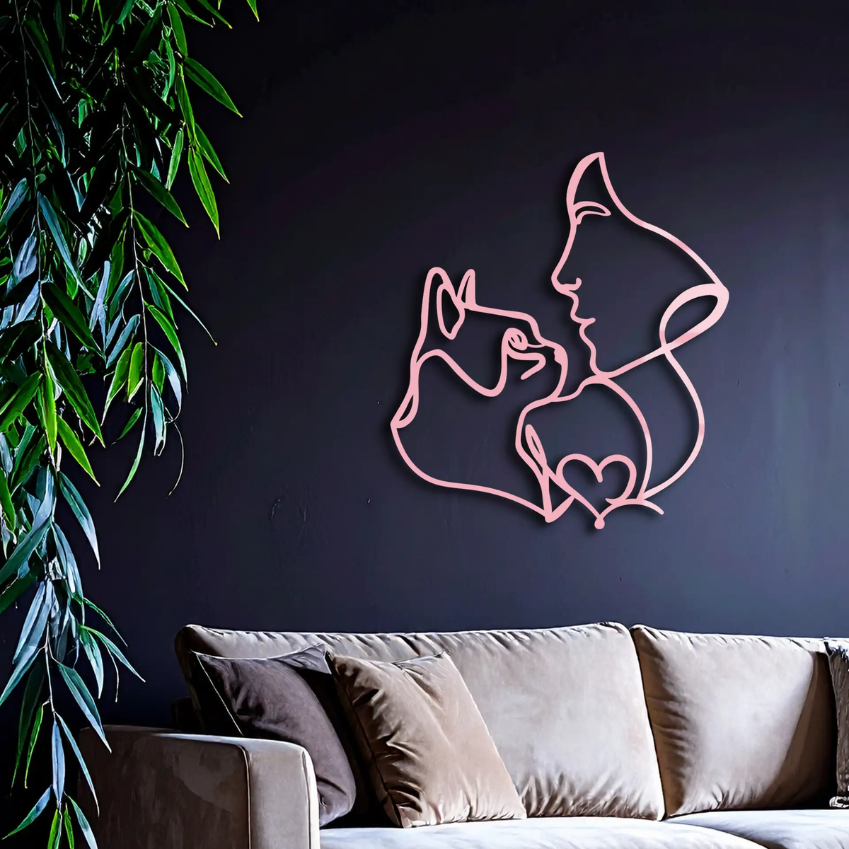 Cat and Woman Silhouette Metal Wall Art – Modern Pet Lover Line Art Decor - KAFGP146 by Enova Art