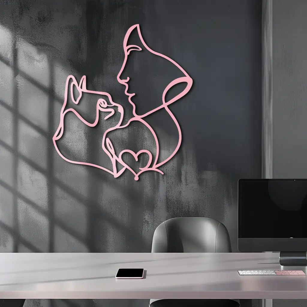 Cat and Woman Silhouette Metal Wall Art – Modern Pet Lover Line Art Decor - KAFGP146 by Enova Art