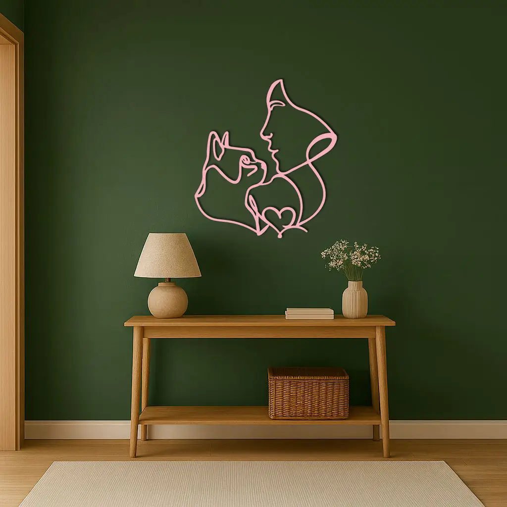 Cat and Woman Silhouette Metal Wall Art – Modern Pet Lover Line Art Decor - KAFGP146 by Enova Art