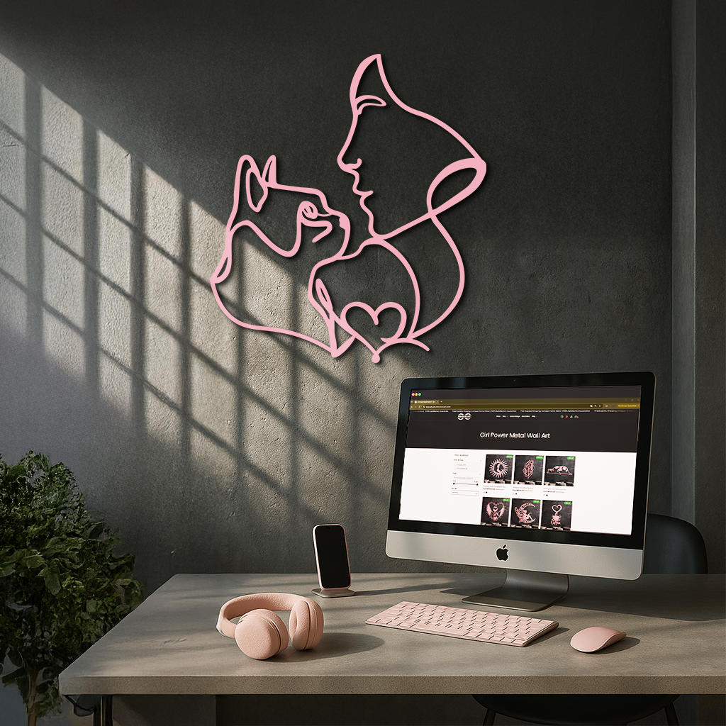 Cat and Woman Silhouette Metal Wall Art – Modern Pet Lover Line Art Decor - KAFGP146 by Enova Art