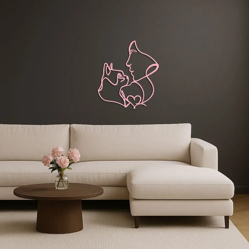 Cat and Woman Silhouette Metal Wall Art – Modern Pet Lover Line Art Decor - KAFGP146 by Enova Art