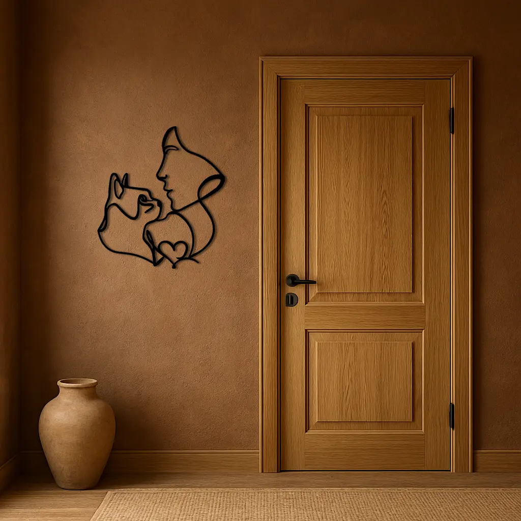 Cat and Woman Silhouette Metal Wall Art – Modern Pet Lover Line Art Decor - KAFGP146 by Enova Art