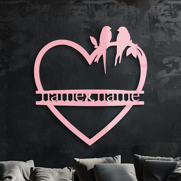 Personalized Heart Metal Wall Art with Birds – Custom Name Couple Gift - KAFGP148