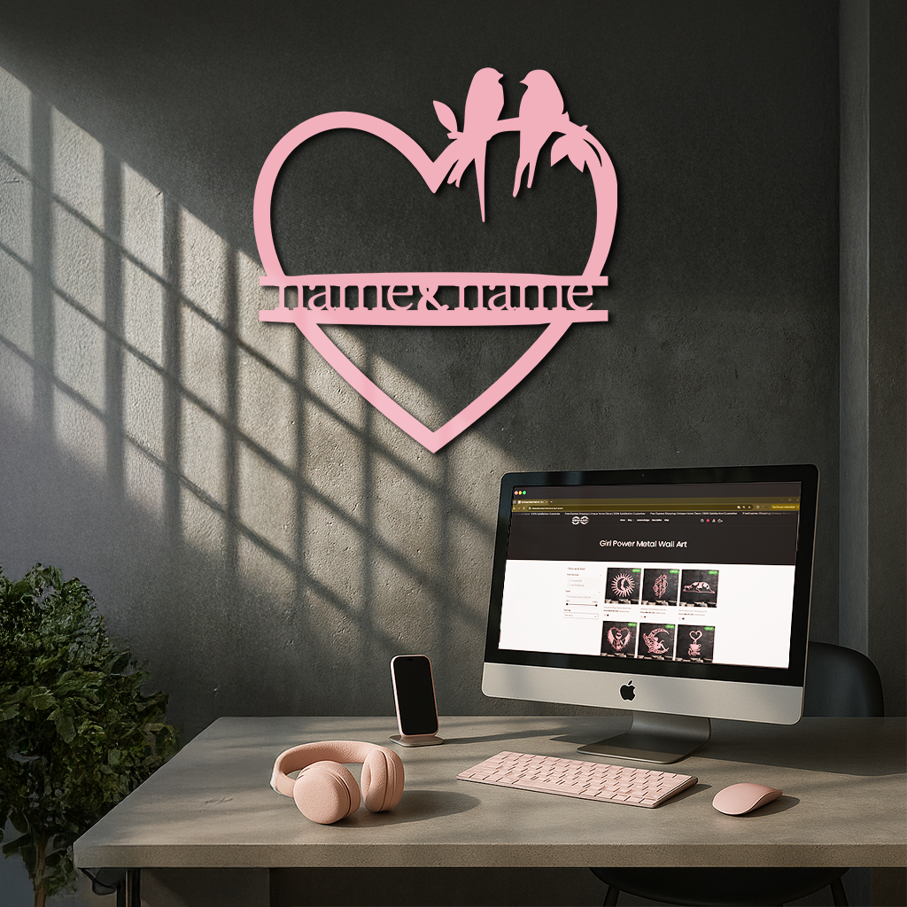 Personalized Heart Metal Wall Art with Birds – Custom Name Couple Gift - KAFGP148 by Enova Art