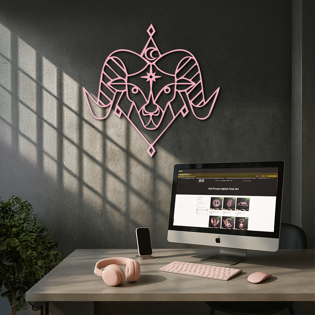 Aries Zodiac Sign Metal Wall Art – Geometric Ram Head Astrology Decor - KAFGP150 by Enova Art