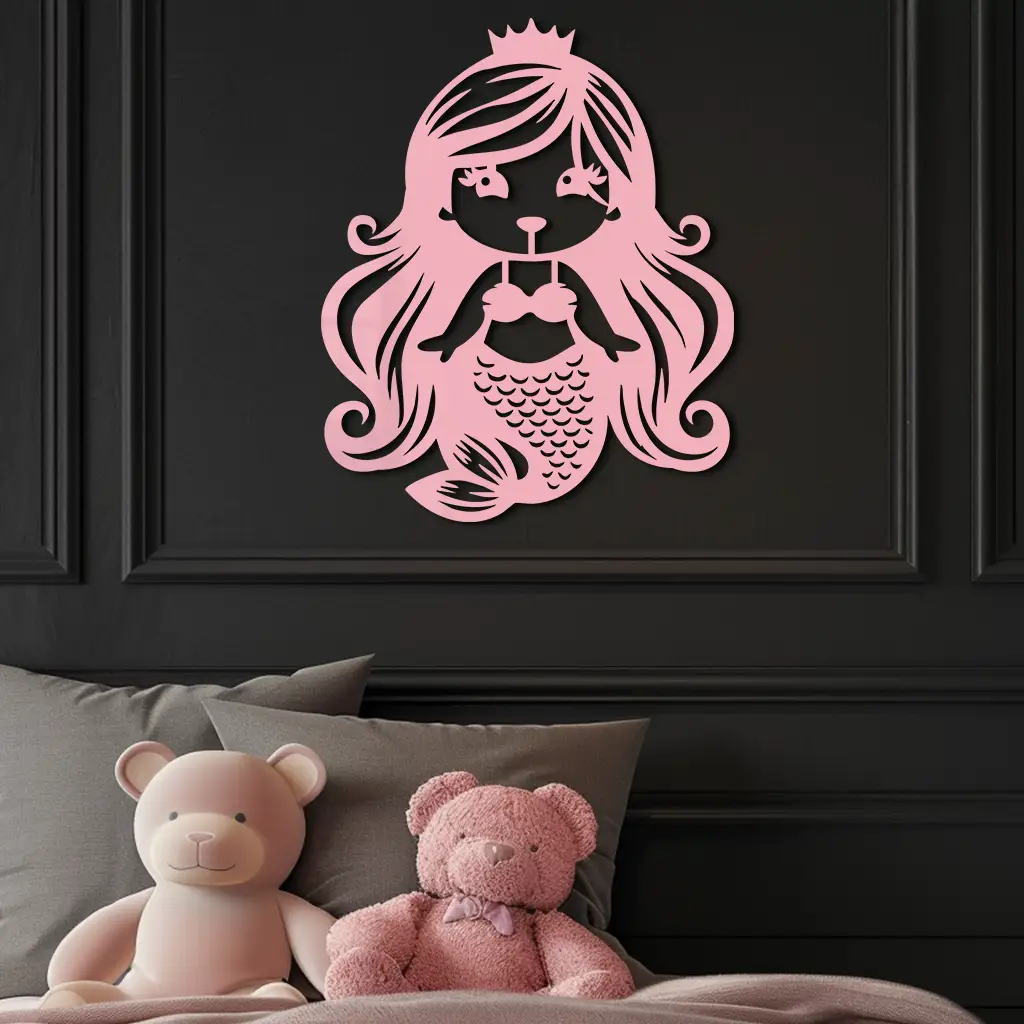 Pink Mermaid Silhouette Metal Wall Art – Cute Ocean Fantasy Wall Decor for Girls - KAFGP152 by Enova Art