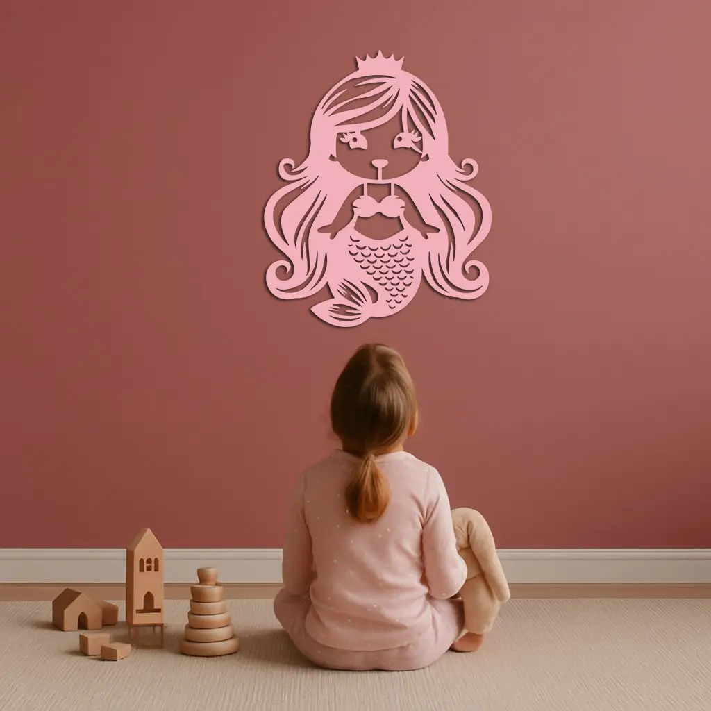 Pink Mermaid Silhouette Metal Wall Art – Cute Ocean Fantasy Wall Decor for Girls - KAFGP152 by Enova Art
