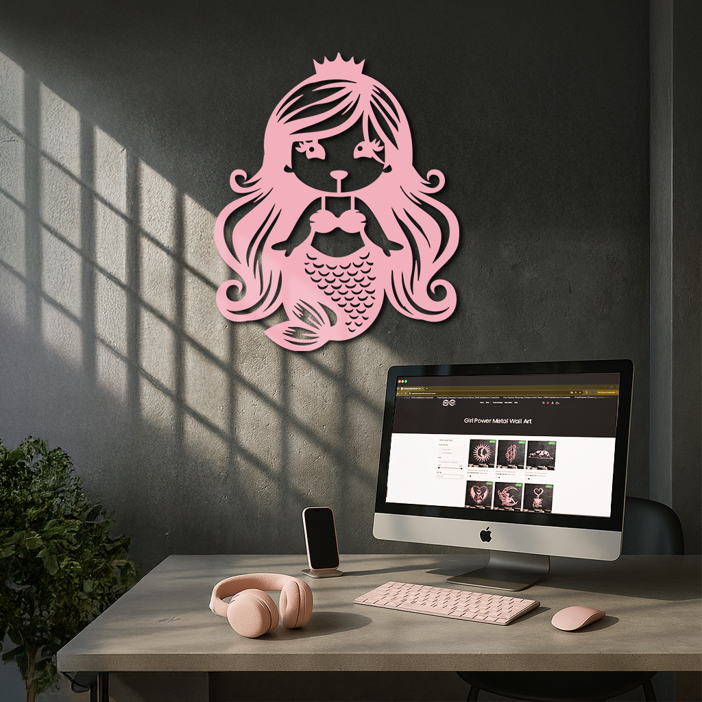 Pink Mermaid Silhouette Metal Wall Art – Cute Ocean Fantasy Wall Decor for Girls - KAFGP152 by Enova Art
