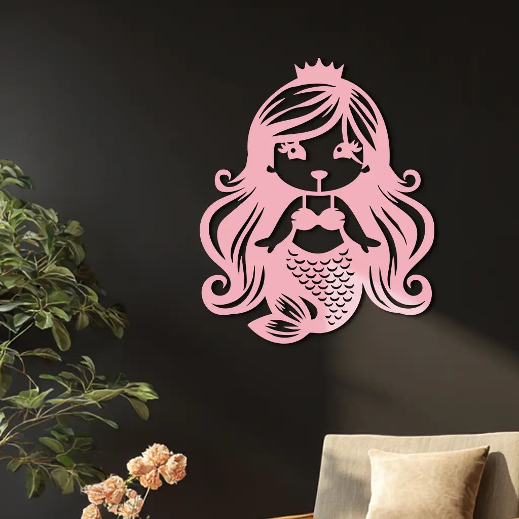 Pink Mermaid Silhouette Metal Wall Art – Cute Ocean Fantasy Wall Decor for Girls - KAFGP152 by Enova Art