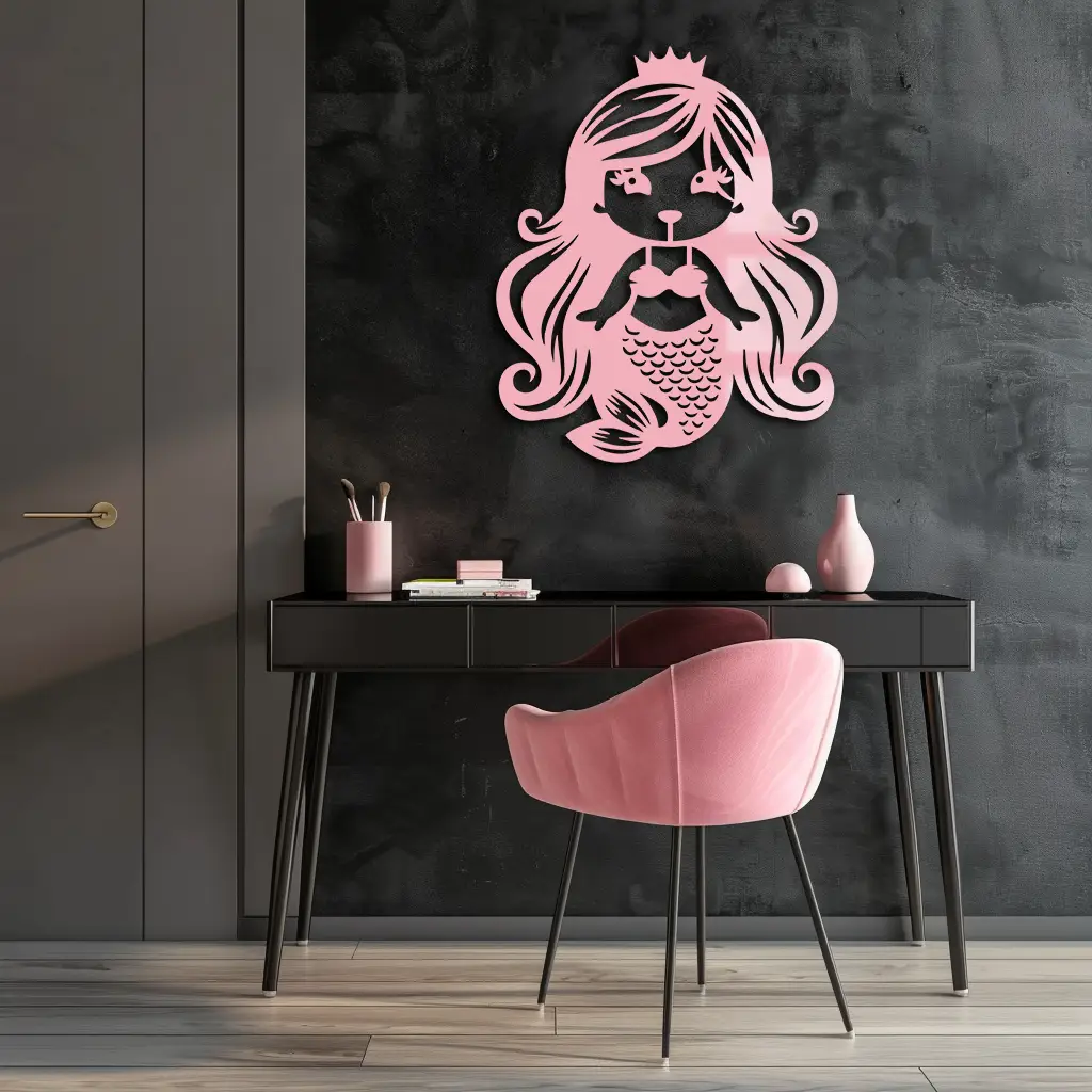 Pink Mermaid Silhouette Metal Wall Art – Cute Ocean Fantasy Wall Decor for Girls - KAFGP152 by Enova Art