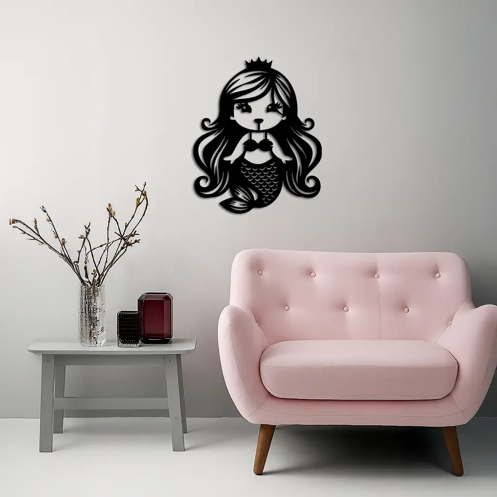 Pink Mermaid Silhouette Metal Wall Art – Cute Ocean Fantasy Wall Decor for Girls - KAFGP152 by Enova Art