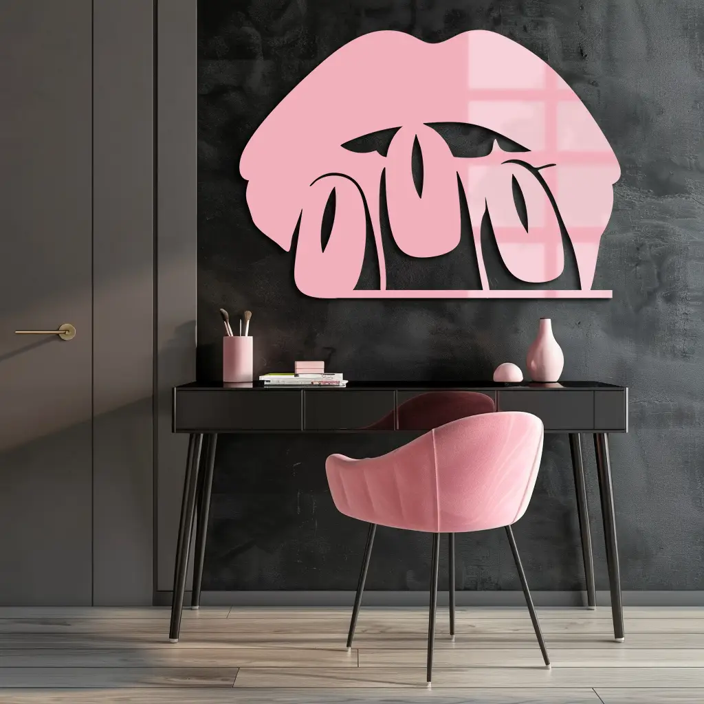 Pink Lips Metal Wall Art – Modern Glam Lip Design - KAFGP153 by Enova Art