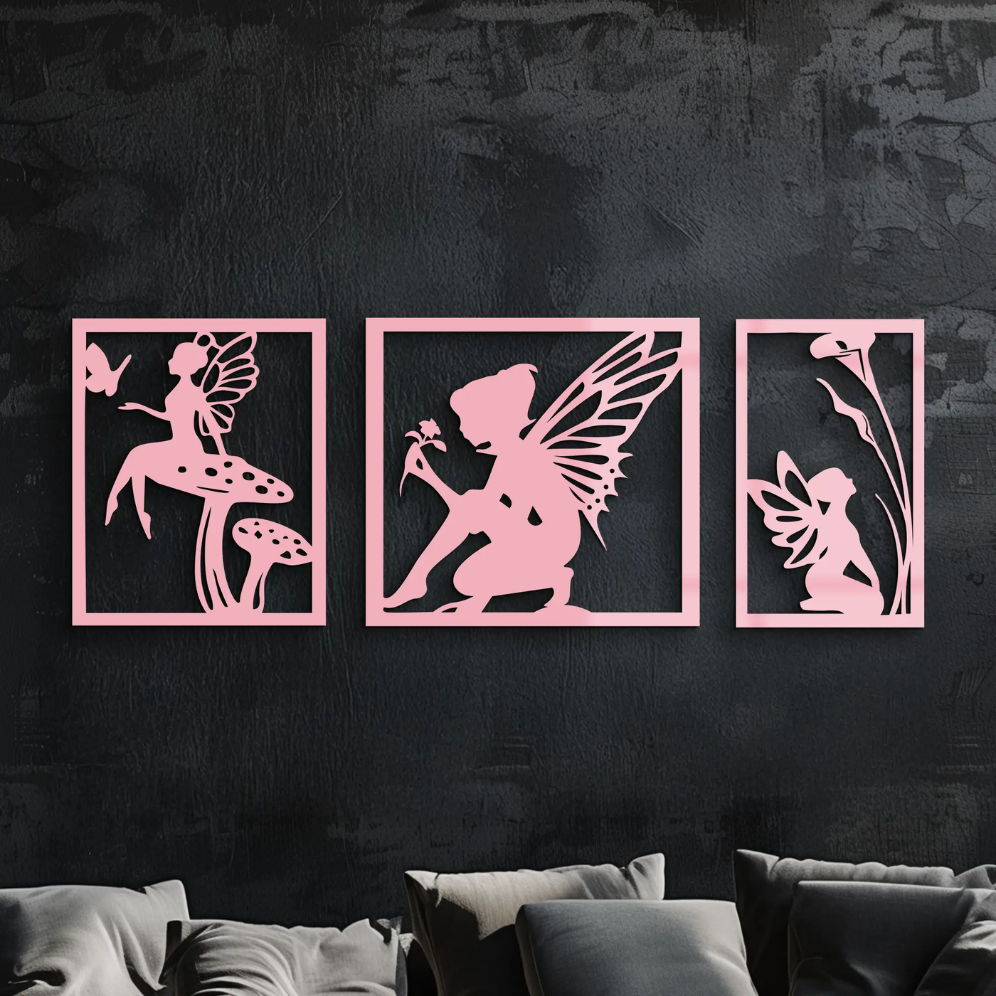 Pink Fairy Trio Metal Wall Art – Set of Three Fantasy Silhouette Panels - KAFGP156 by Enova Art