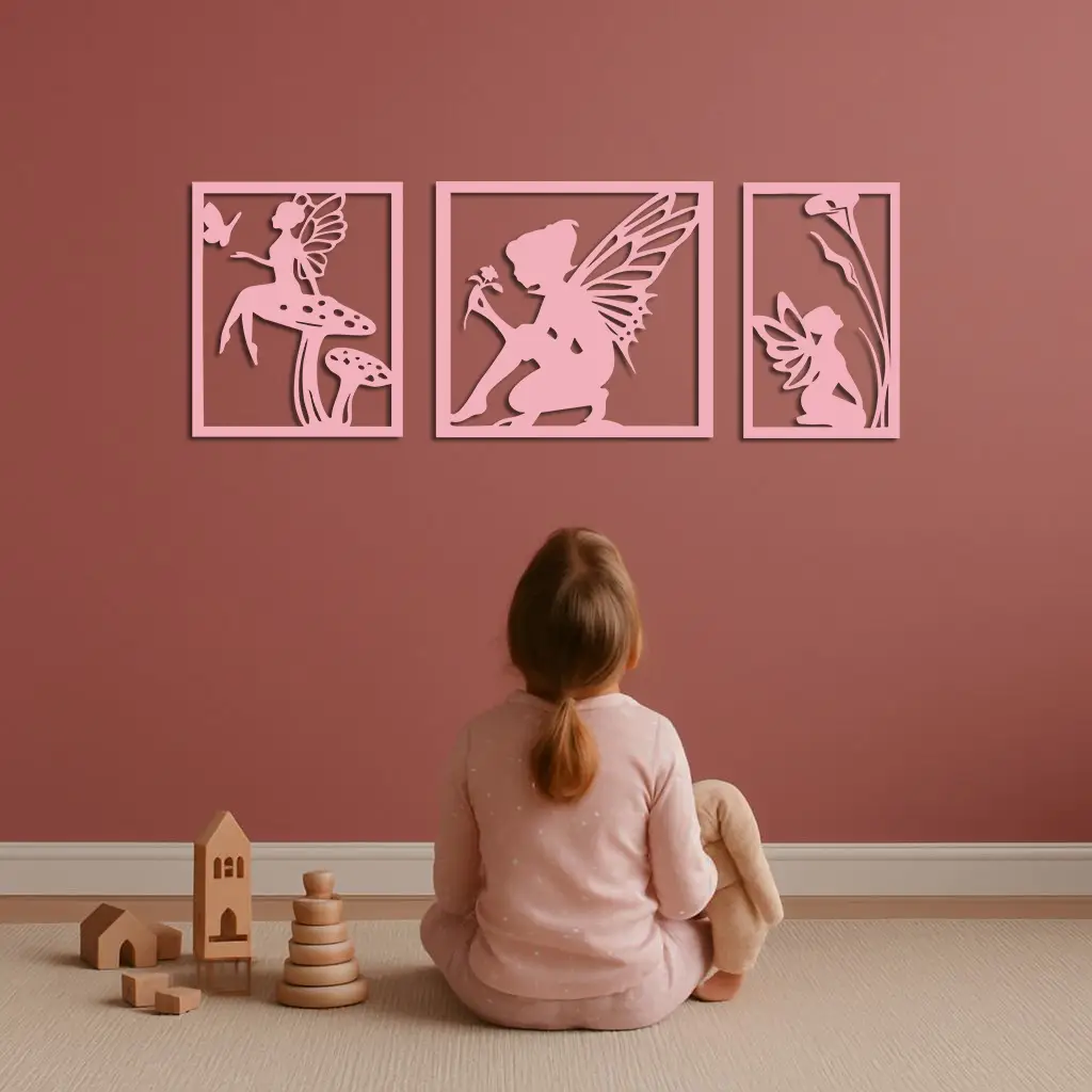 Pink Fairy Trio Metal Wall Art – Set of Three Fantasy Silhouette Panels - KAFGP156 by Enova Art