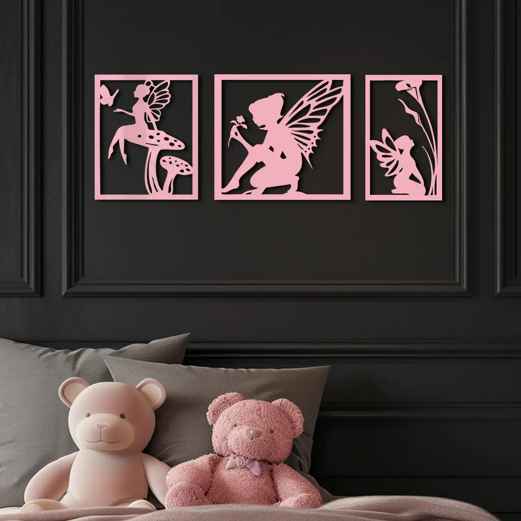 Pink Fairy Trio Metal Wall Art – Set of Three Fantasy Silhouette Panels - KAFGP156 by Enova Art