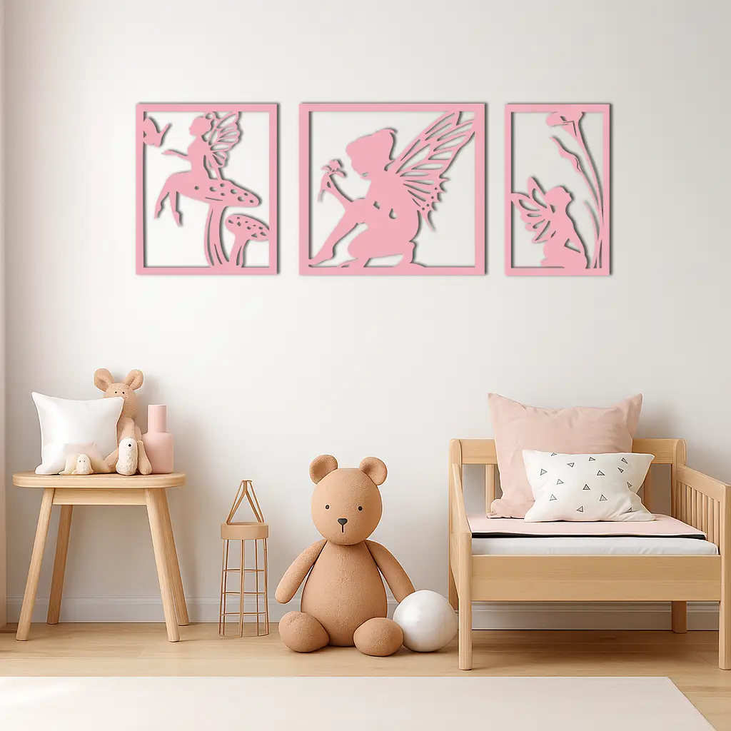Pink Fairy Trio Metal Wall Art – Set of Three Fantasy Silhouette Panels - KAFGP156 by Enova Art
