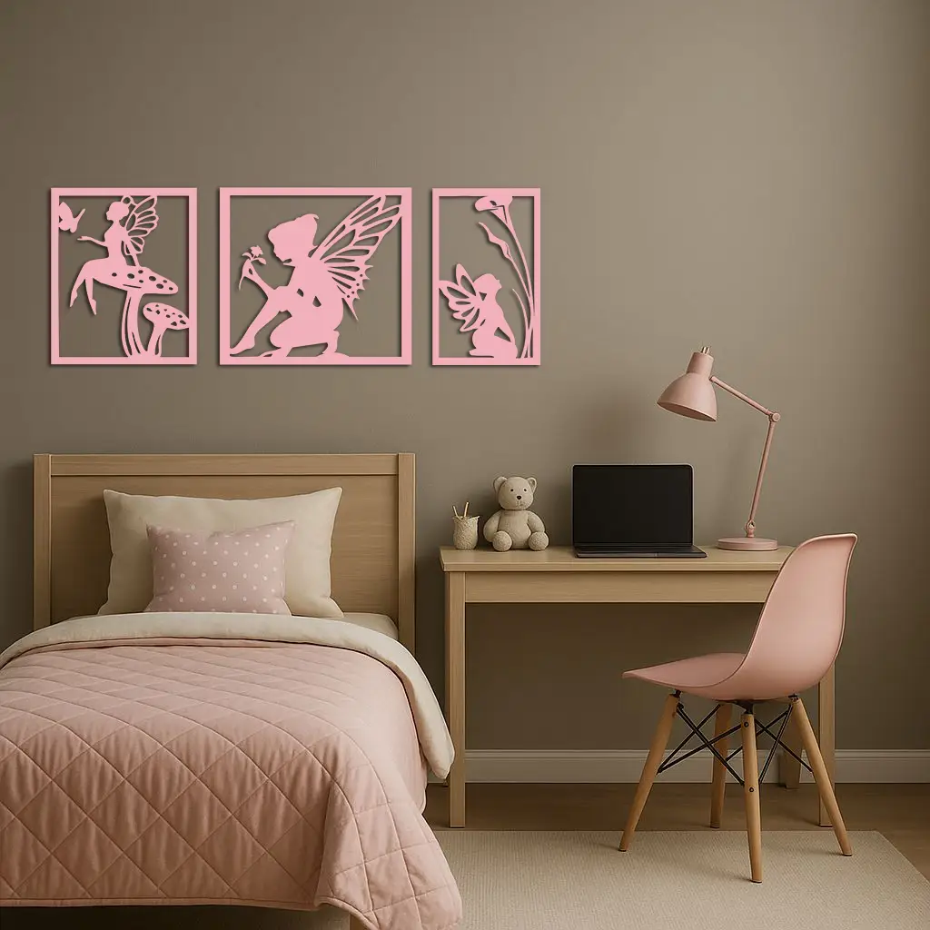 Pink Fairy Trio Metal Wall Art – Set of Three Fantasy Silhouette Panels - KAFGP156 by Enova Art
