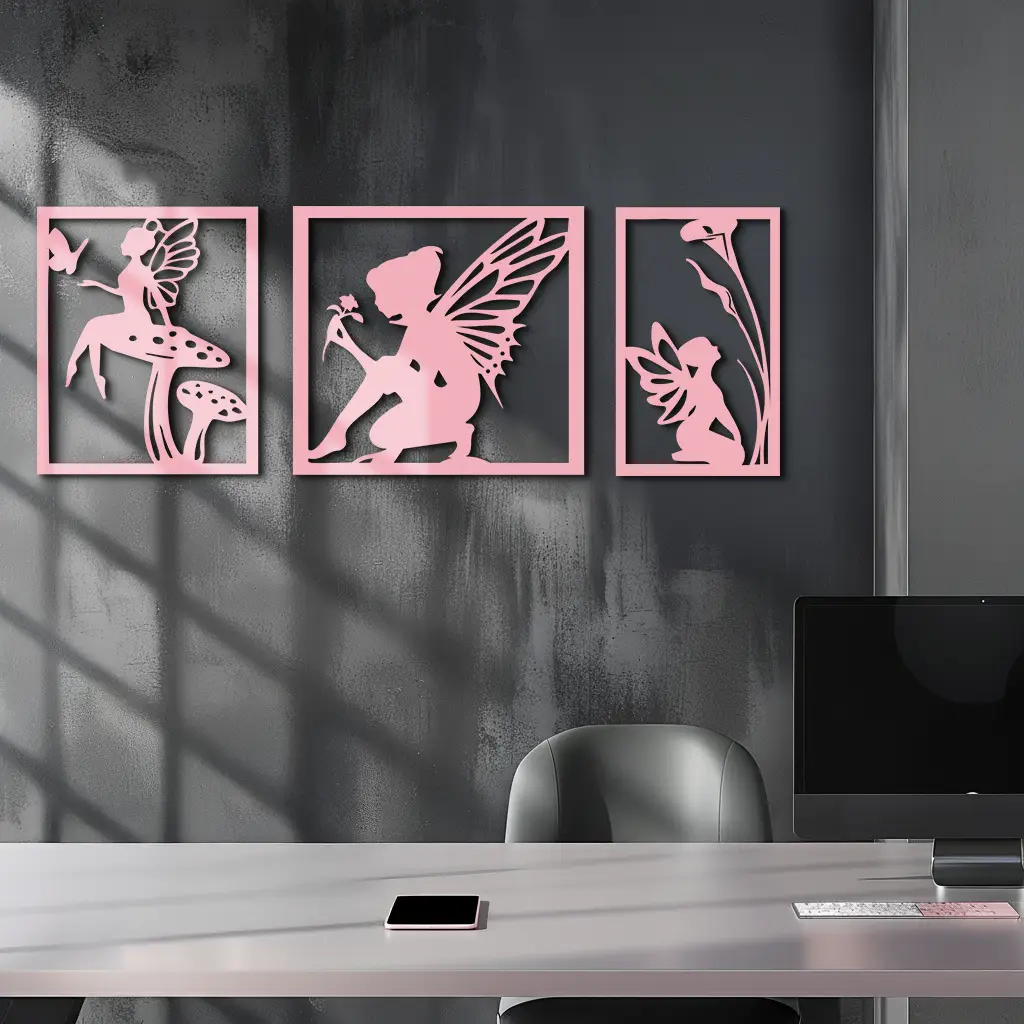 Pink Fairy Trio Metal Wall Art – Set of Three Fantasy Silhouette Panels - KAFGP156 by Enova Art