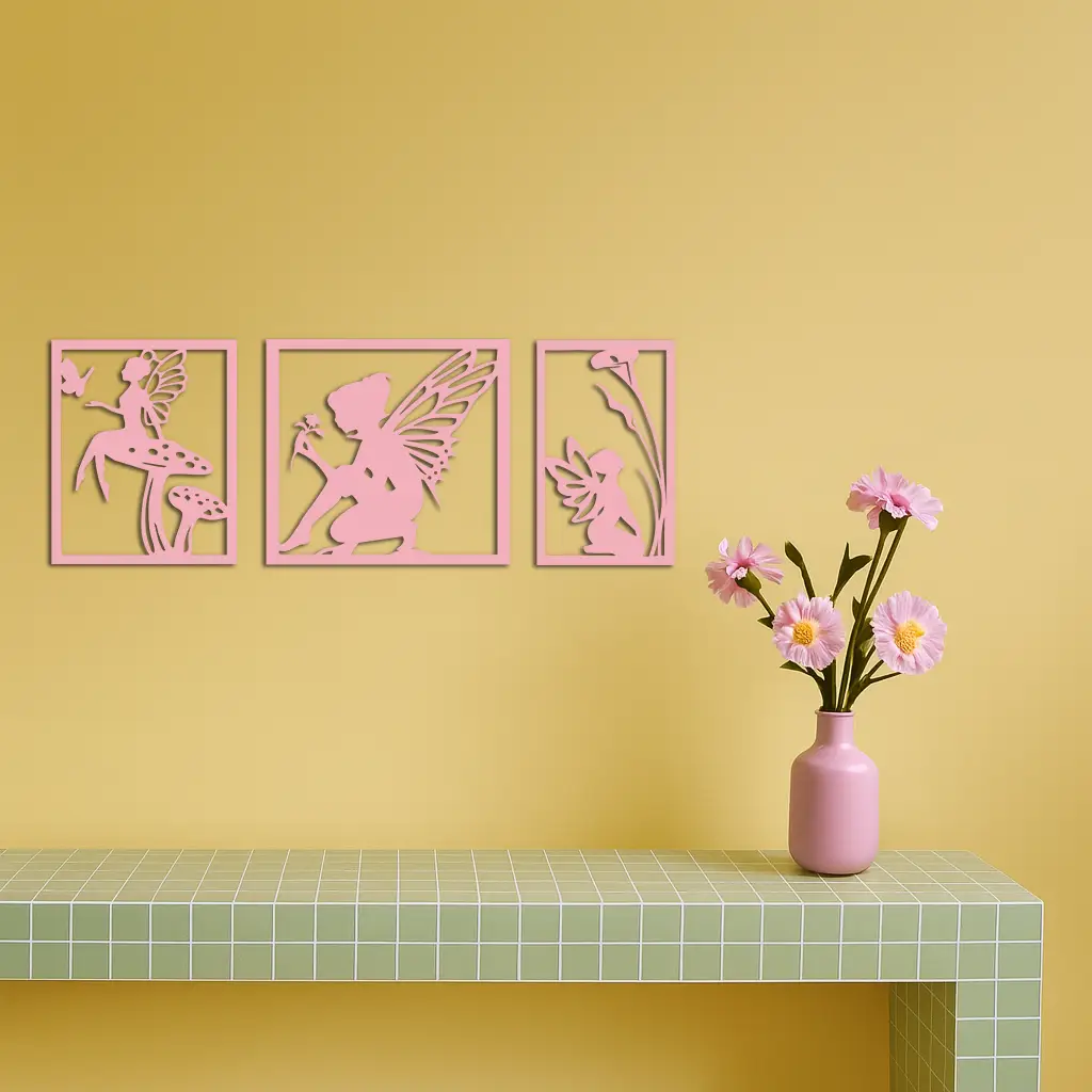 Pink Fairy Trio Metal Wall Art – Set of Three Fantasy Silhouette Panels - KAFGP156 by Enova Art