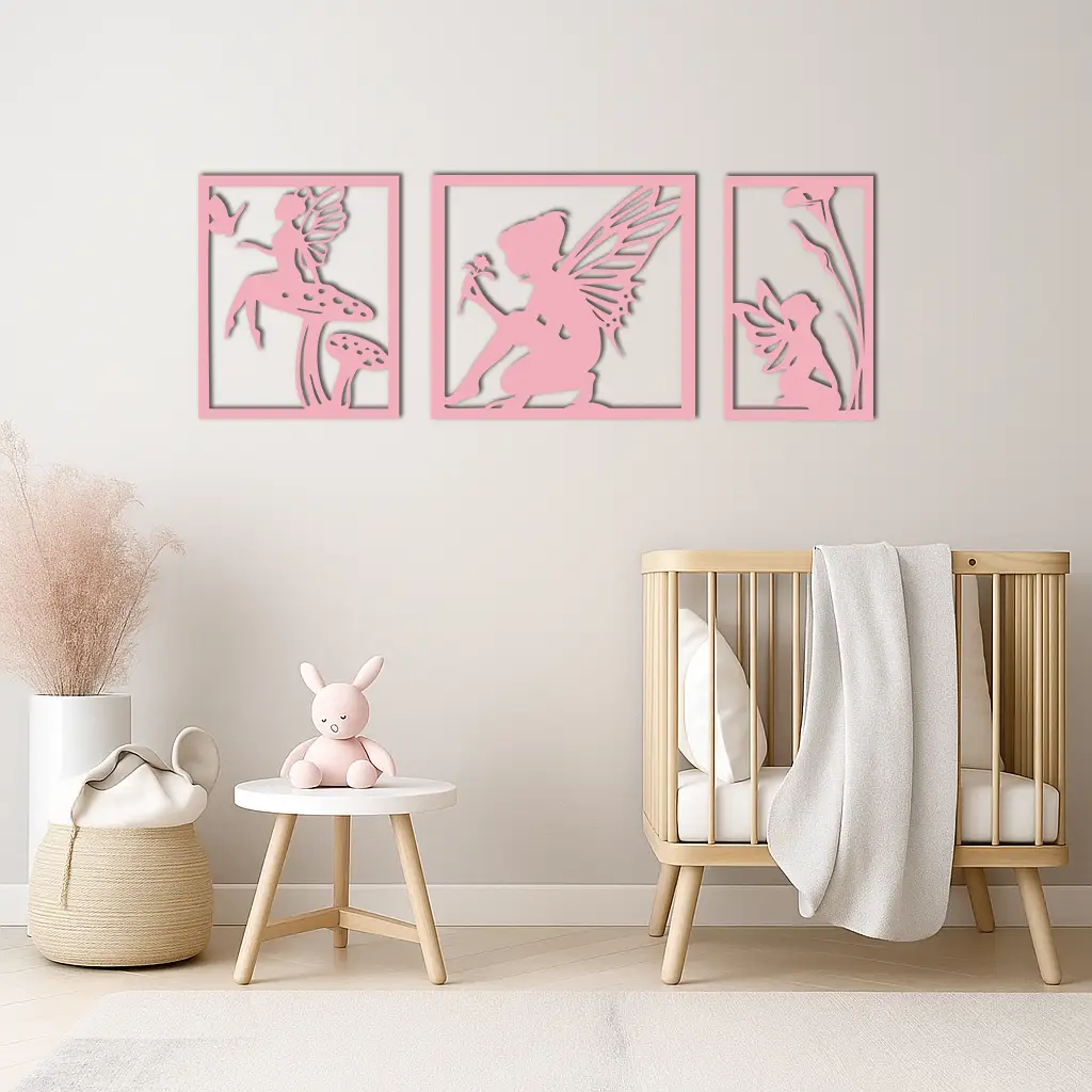 Pink Fairy Trio Metal Wall Art – Set of Three Fantasy Silhouette Panels - KAFGP156 by Enova Art