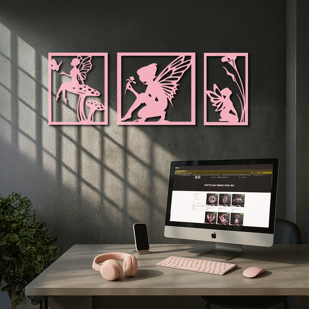 Pink Fairy Trio Metal Wall Art – Set of Three Fantasy Silhouette Panels - KAFGP156 by Enova Art