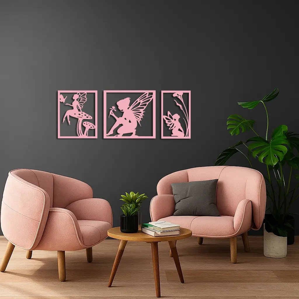 Pink Fairy Trio Metal Wall Art – Set of Three Fantasy Silhouette Panels - KAFGP156 by Enova Art