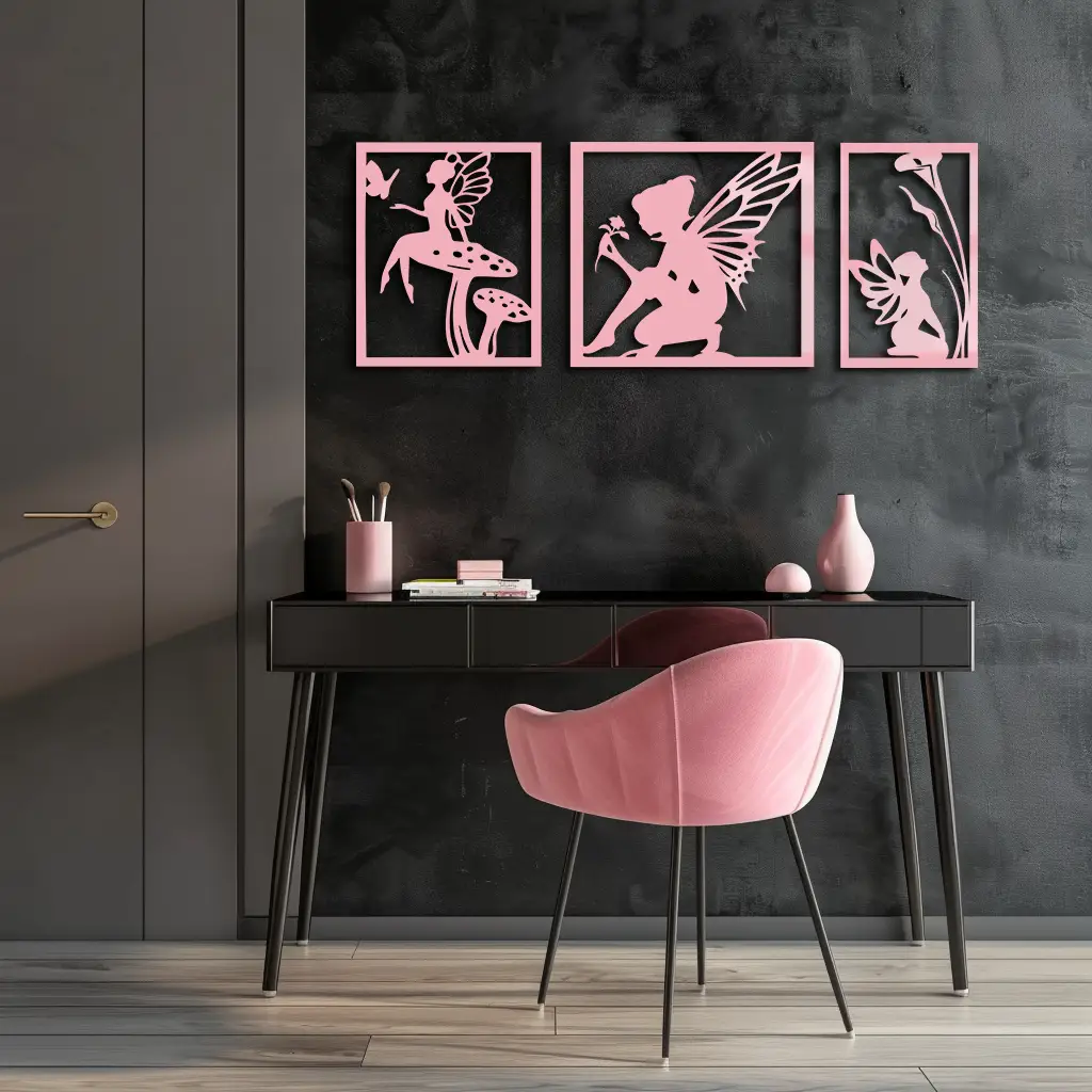 Pink Fairy Trio Metal Wall Art – Set of Three Fantasy Silhouette Panels - KAFGP156 by Enova Art