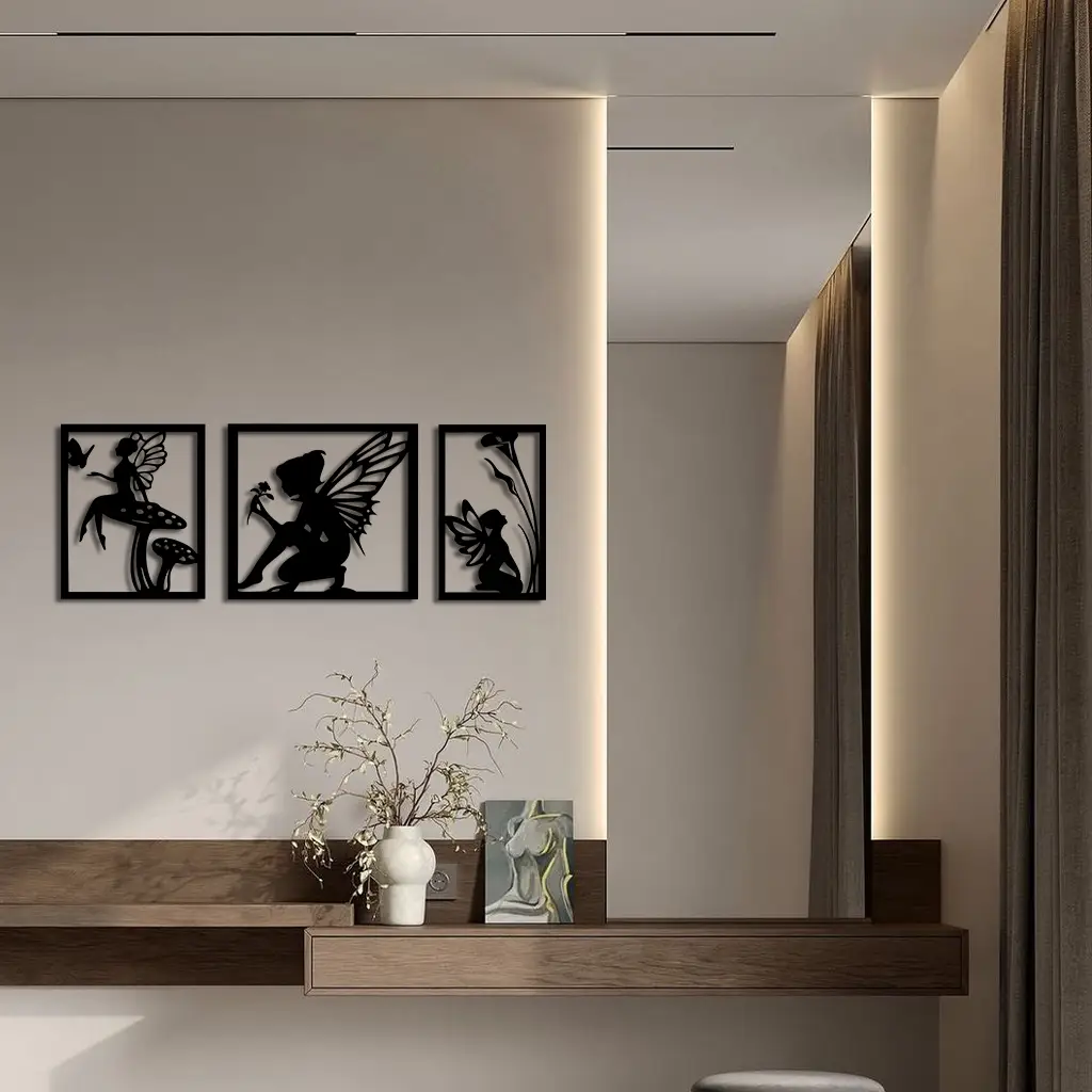 Pink Fairy Trio Metal Wall Art – Set of Three Fantasy Silhouette Panels - KAFGP156 by Enova Art
