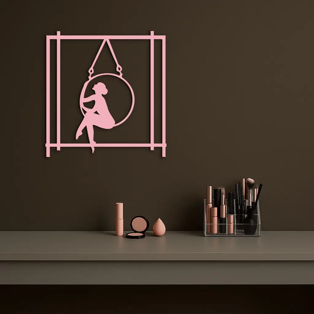 Woman on Hanging Ring Silhouette Modern Home Décor - Pink Metal Wall Art - KAFGP158 by Enova Art