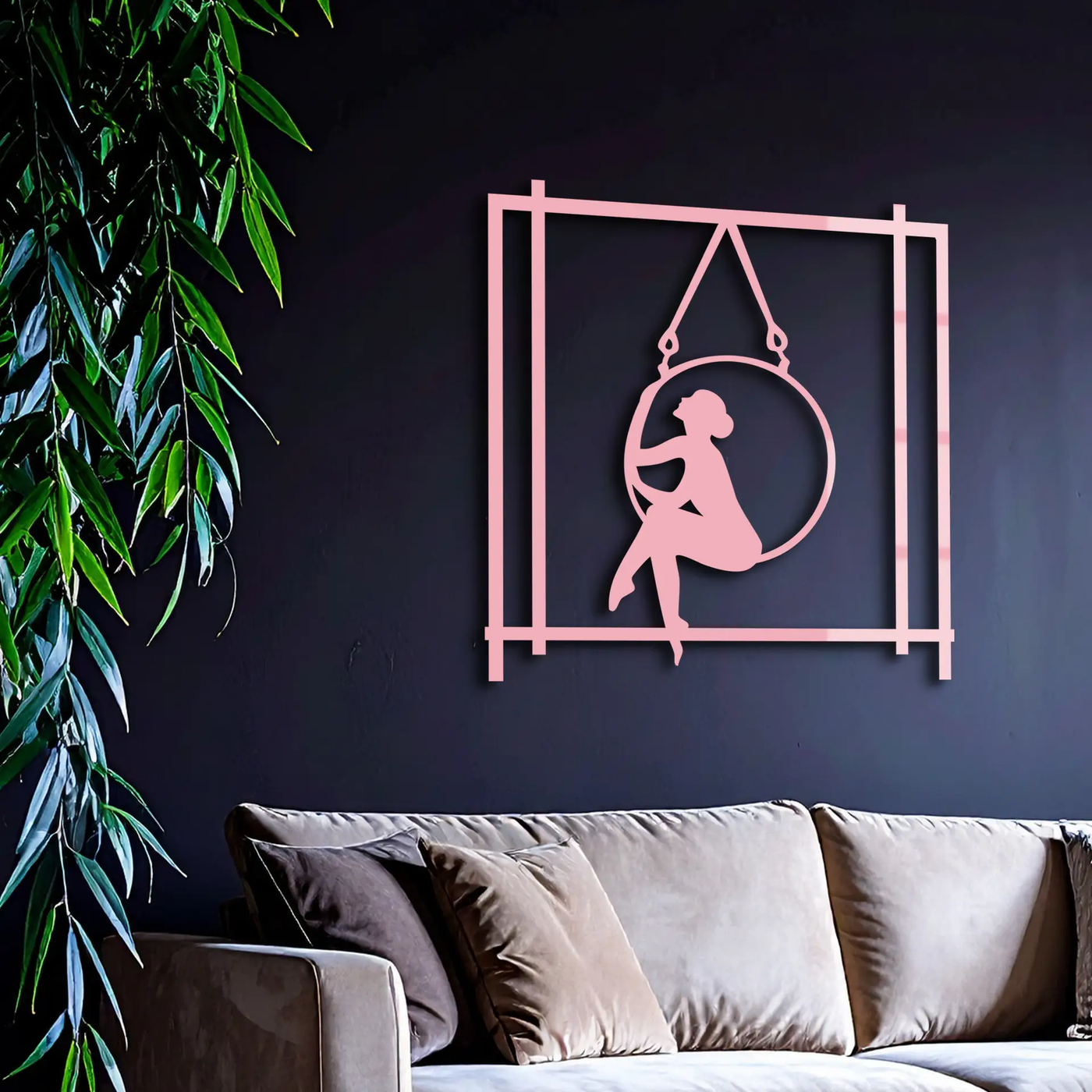 Woman on Hanging Ring Silhouette Modern Home Décor - Pink Metal Wall Art - KAFGP158 by Enova Art