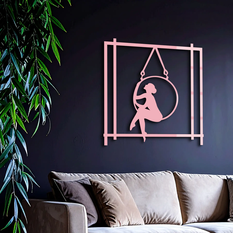 Woman on Hanging Ring Silhouette Modern Home Décor - Pink Metal Wall Art - KAFGP158 by Enova Art