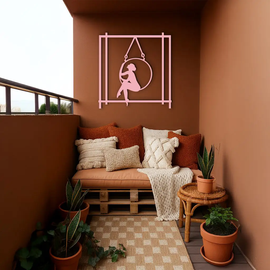 Woman on Hanging Ring Silhouette Modern Home Décor - Pink Metal Wall Art - KAFGP158 by Enova Art