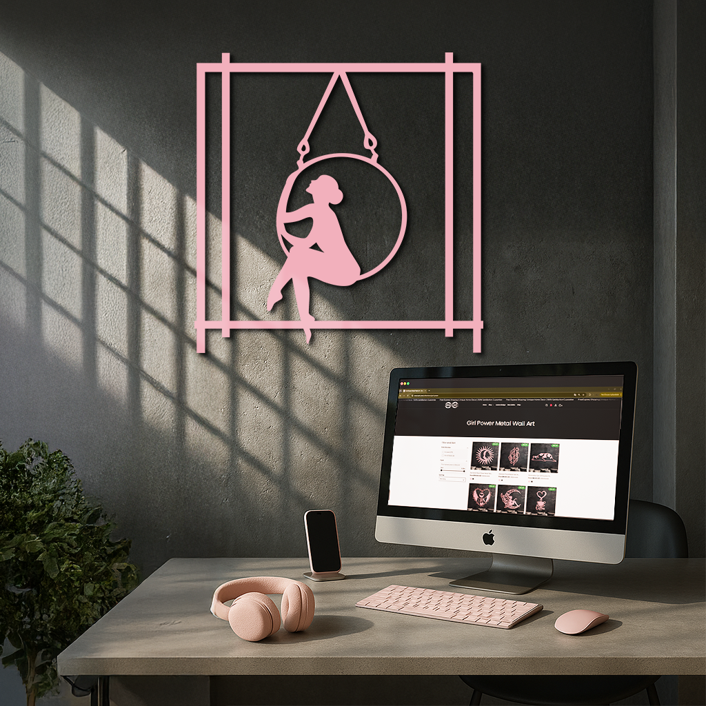 Woman on Hanging Ring Silhouette Modern Home Décor - Pink Metal Wall Art - KAFGP158 by Enova Art