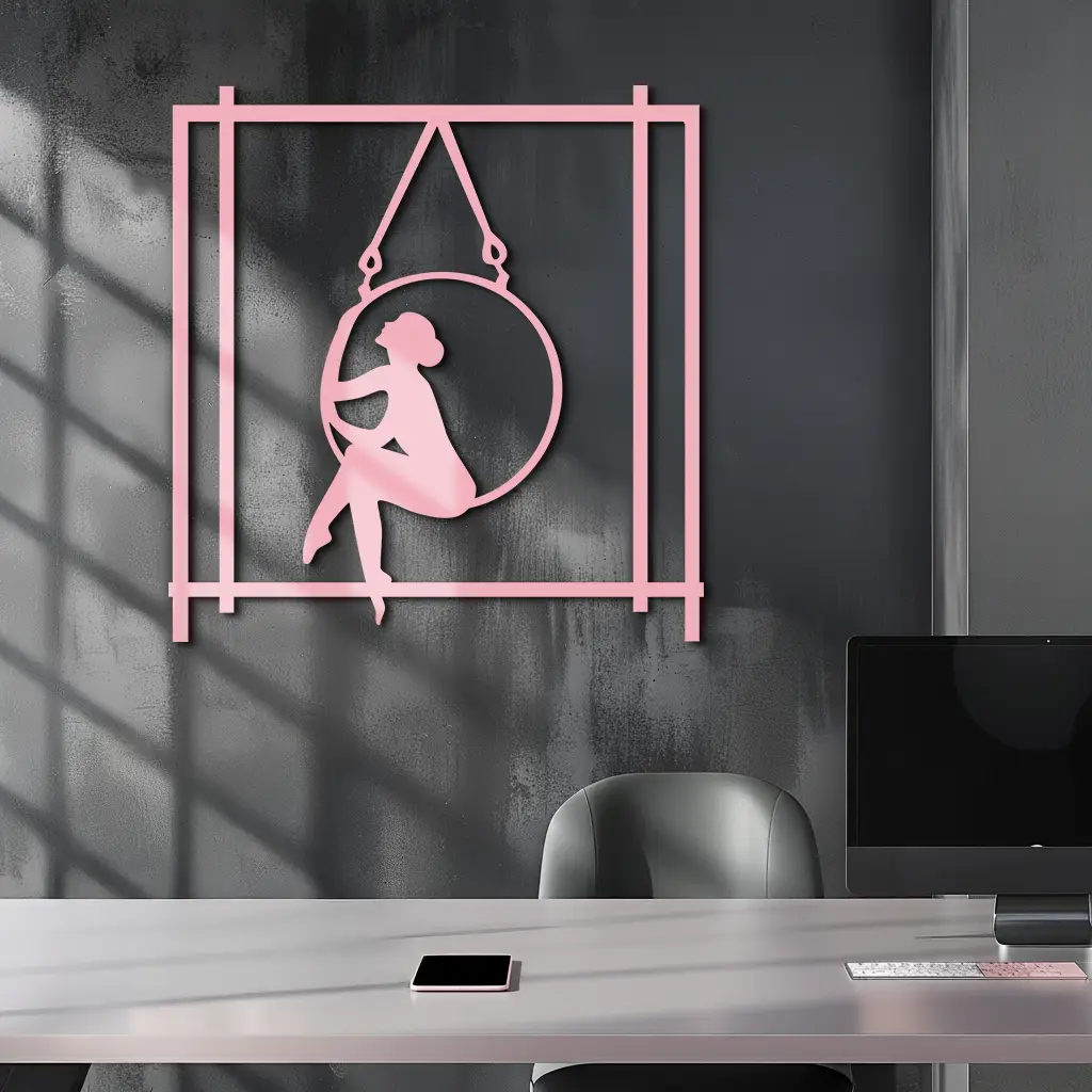 Woman on Hanging Ring Silhouette Modern Home Décor - Pink Metal Wall Art - KAFGP158 by Enova Art