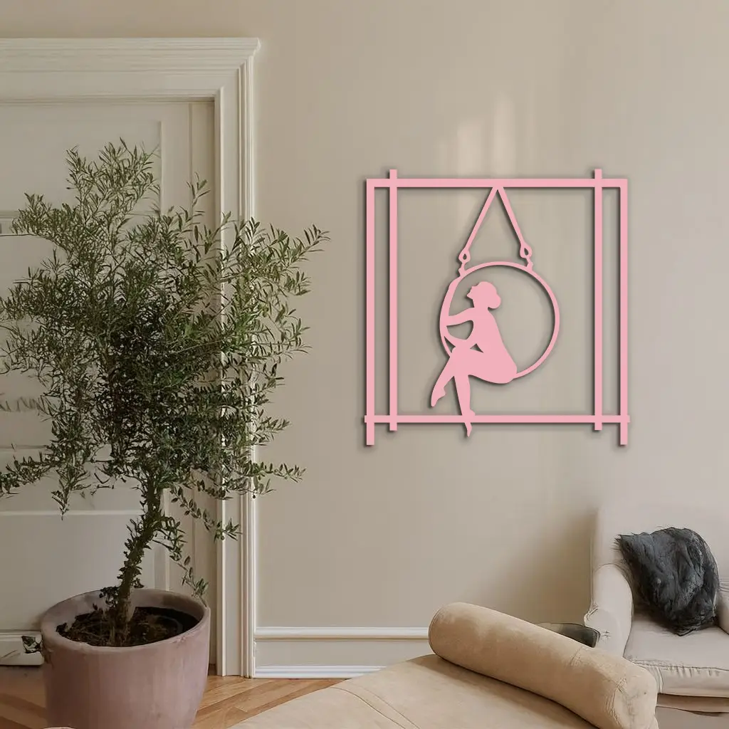 Woman on Hanging Ring Silhouette Modern Home Décor - Pink Metal Wall Art - KAFGP158 by Enova Art