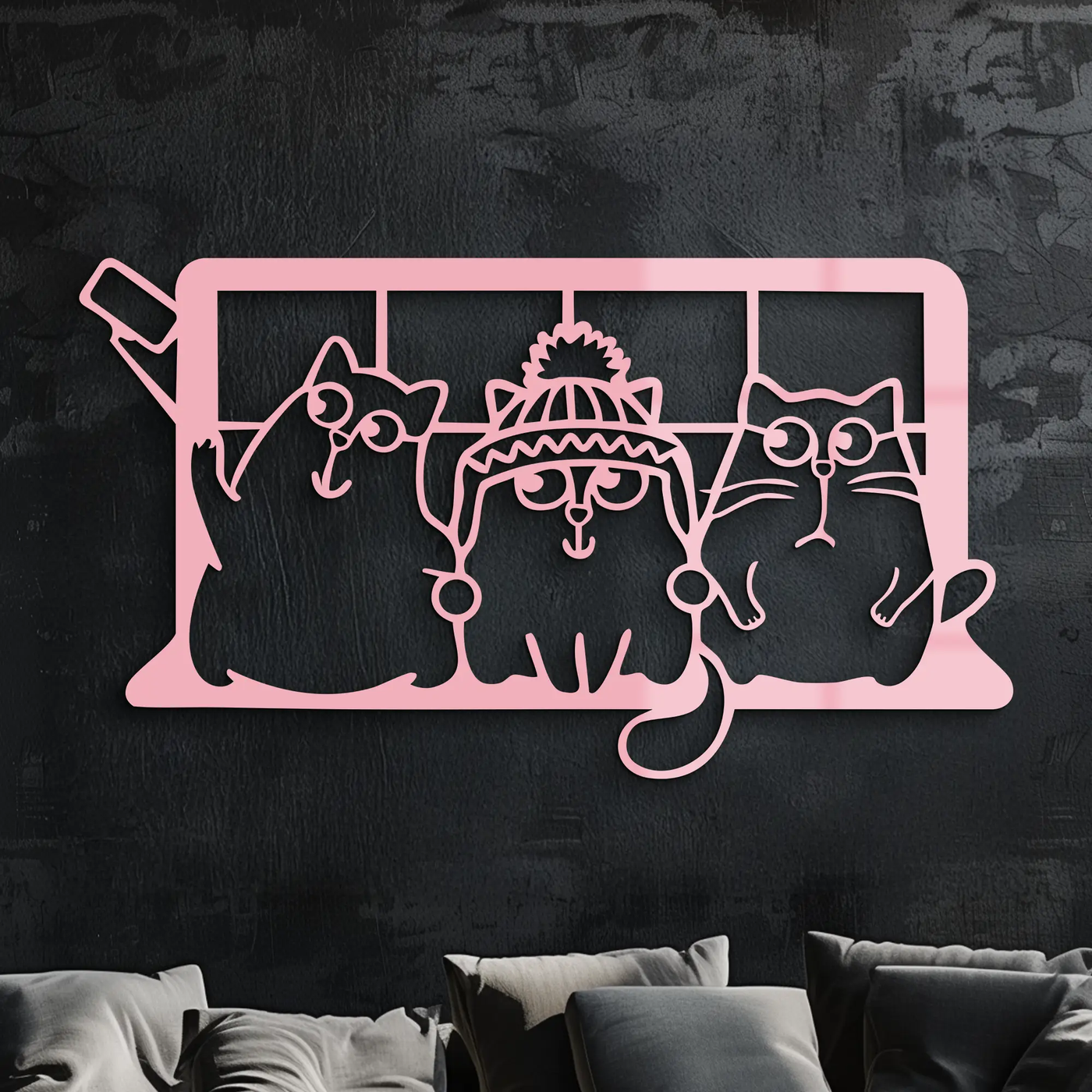 Funny Cats Taking Selfie Silhouette - Pink Metal Wall Art - KAFGP159 by Enova Art