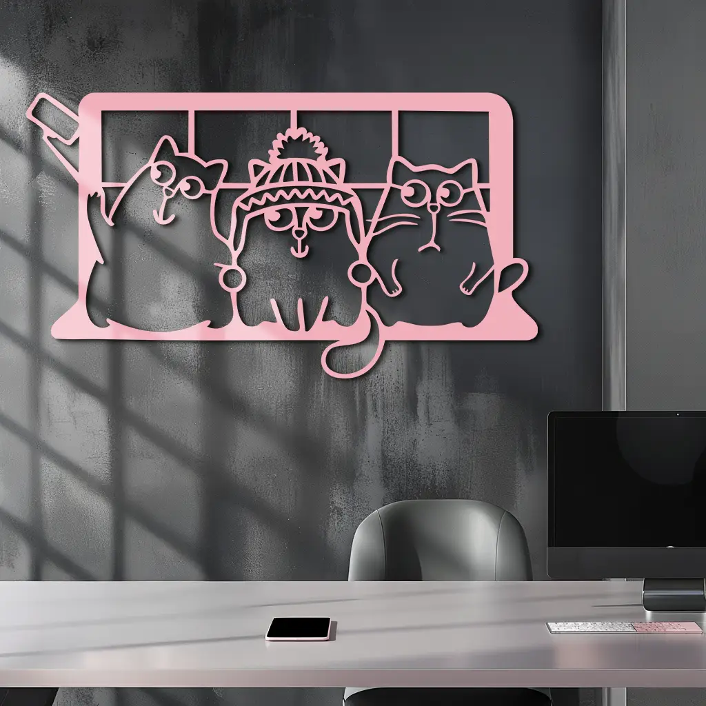Funny Cats Taking Selfie Silhouette - Pink Metal Wall Art - KAFGP159 by Enova Art
