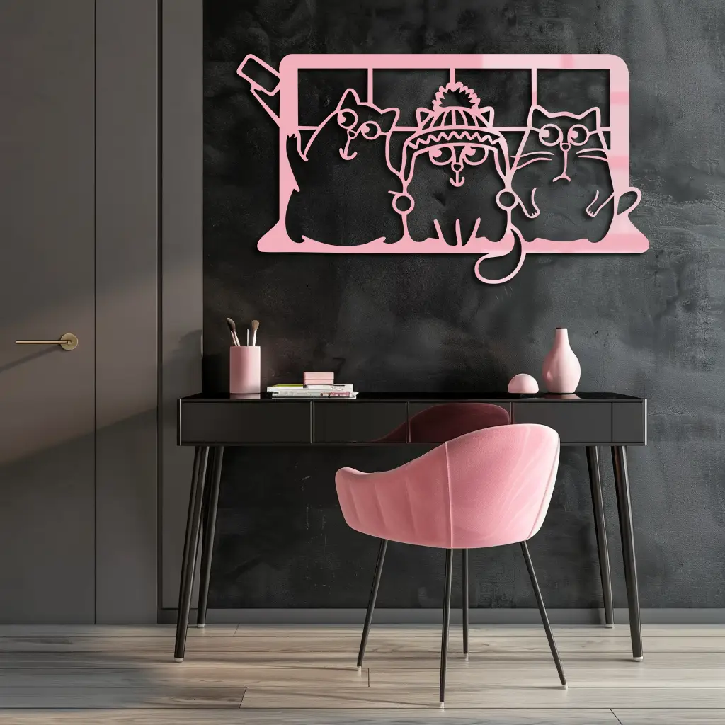 Funny Cats Taking Selfie Silhouette - Pink Metal Wall Art - KAFGP159 by Enova Art