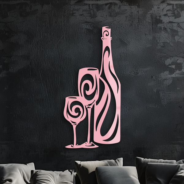 Wine Bottle and Glasses Silhouette Modern Kitchen Décor - Pink Metal Wall Art - KAFGP160