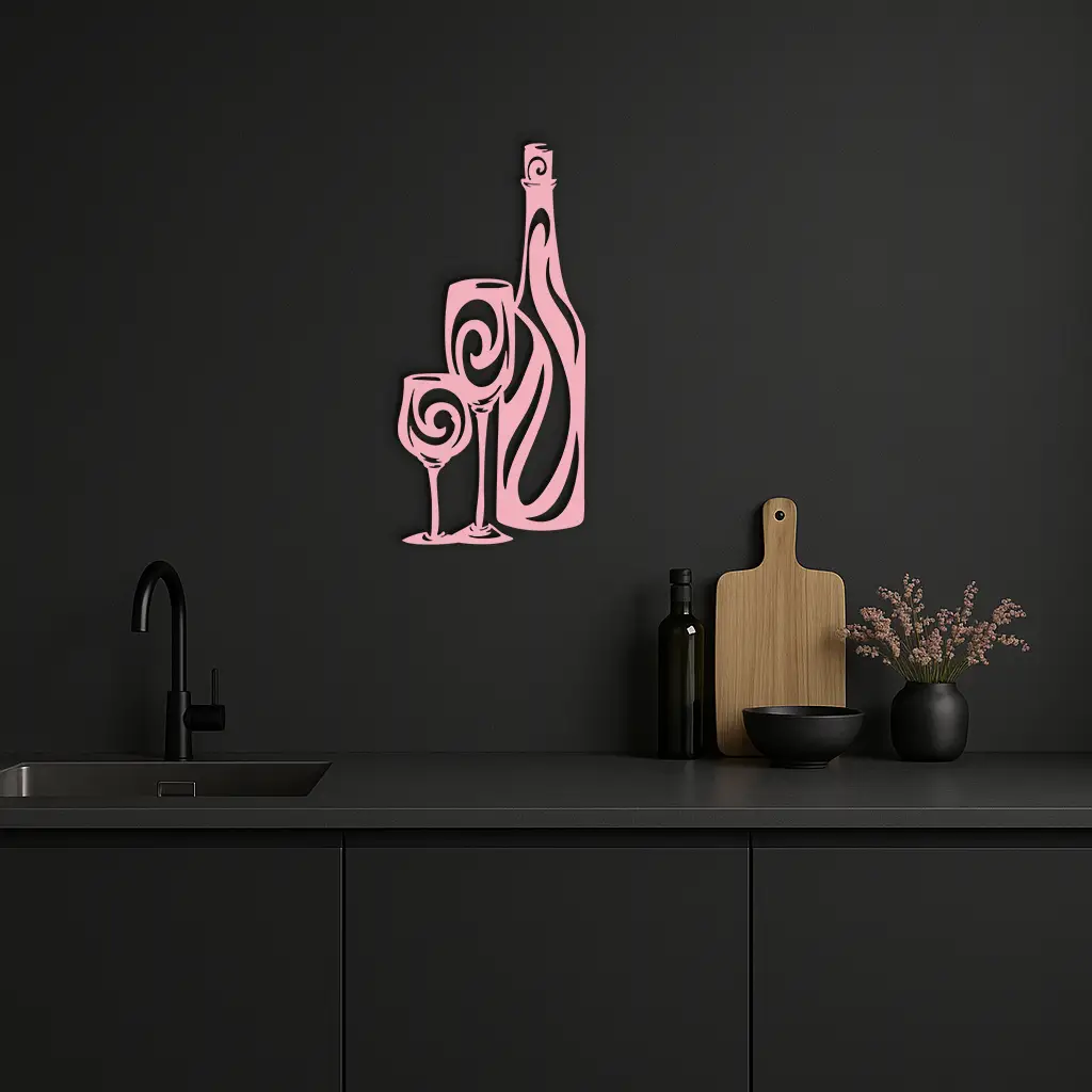 Wine Bottle and Glasses Silhouette Modern Kitchen Décor - Pink Metal Wall Art - KAFGP160 by Enova Art