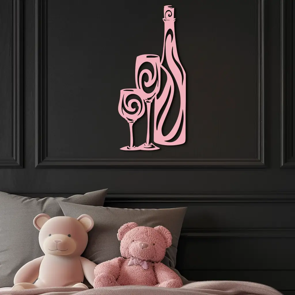 Wine Bottle and Glasses Silhouette Modern Kitchen Décor - Pink Metal Wall Art - KAFGP160 by Enova Art