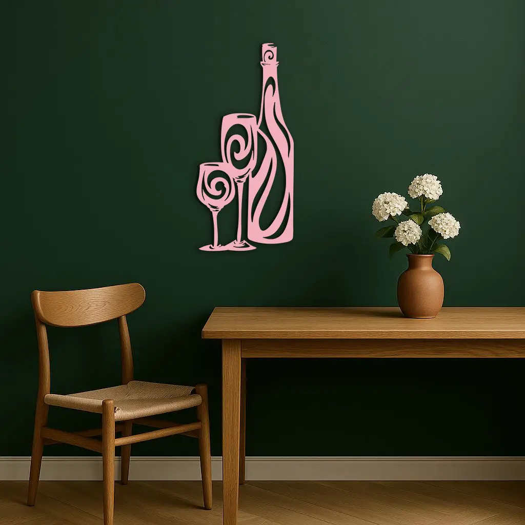 Wine Bottle and Glasses Silhouette Modern Kitchen Décor - Pink Metal Wall Art - KAFGP160 by Enova Art
