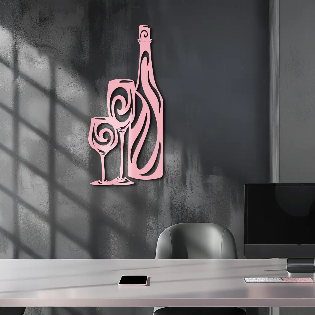 Wine Bottle and Glasses Silhouette Modern Kitchen Décor - Pink Metal Wall Art - KAFGP160 by Enova Art