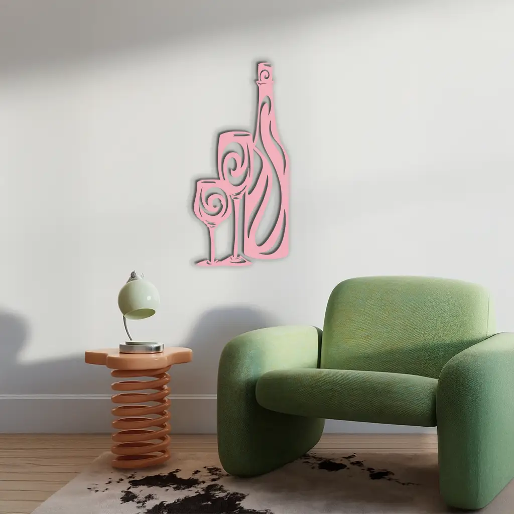 Wine Bottle and Glasses Silhouette Modern Kitchen Décor - Pink Metal Wall Art - KAFGP160 by Enova Art