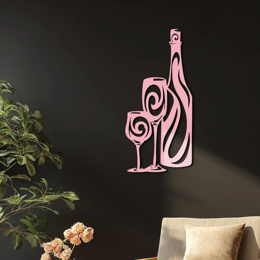 Wine Bottle and Glasses Silhouette Modern Kitchen Décor - Pink Metal Wall Art - KAFGP160 by Enova Art