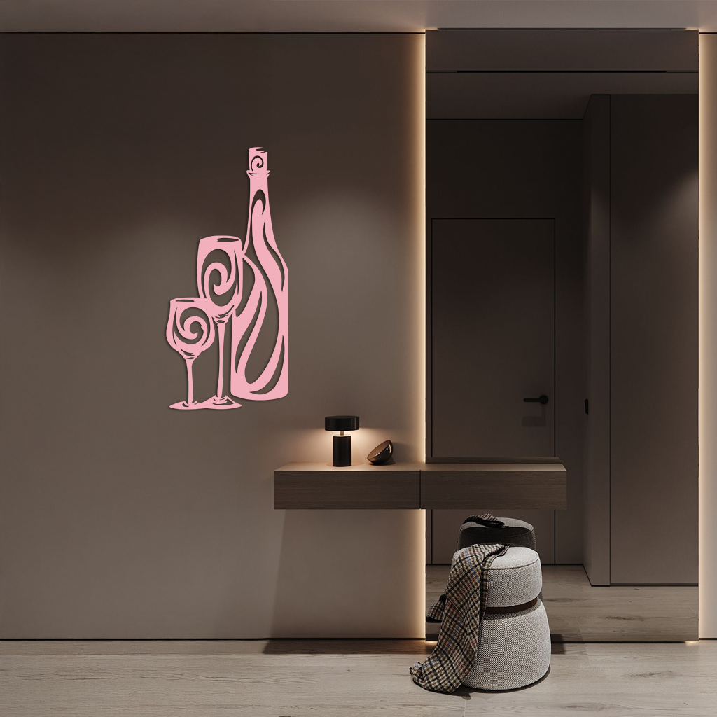 Wine Bottle and Glasses Silhouette Modern Kitchen Décor - Pink Metal Wall Art - KAFGP160 by Enova Art