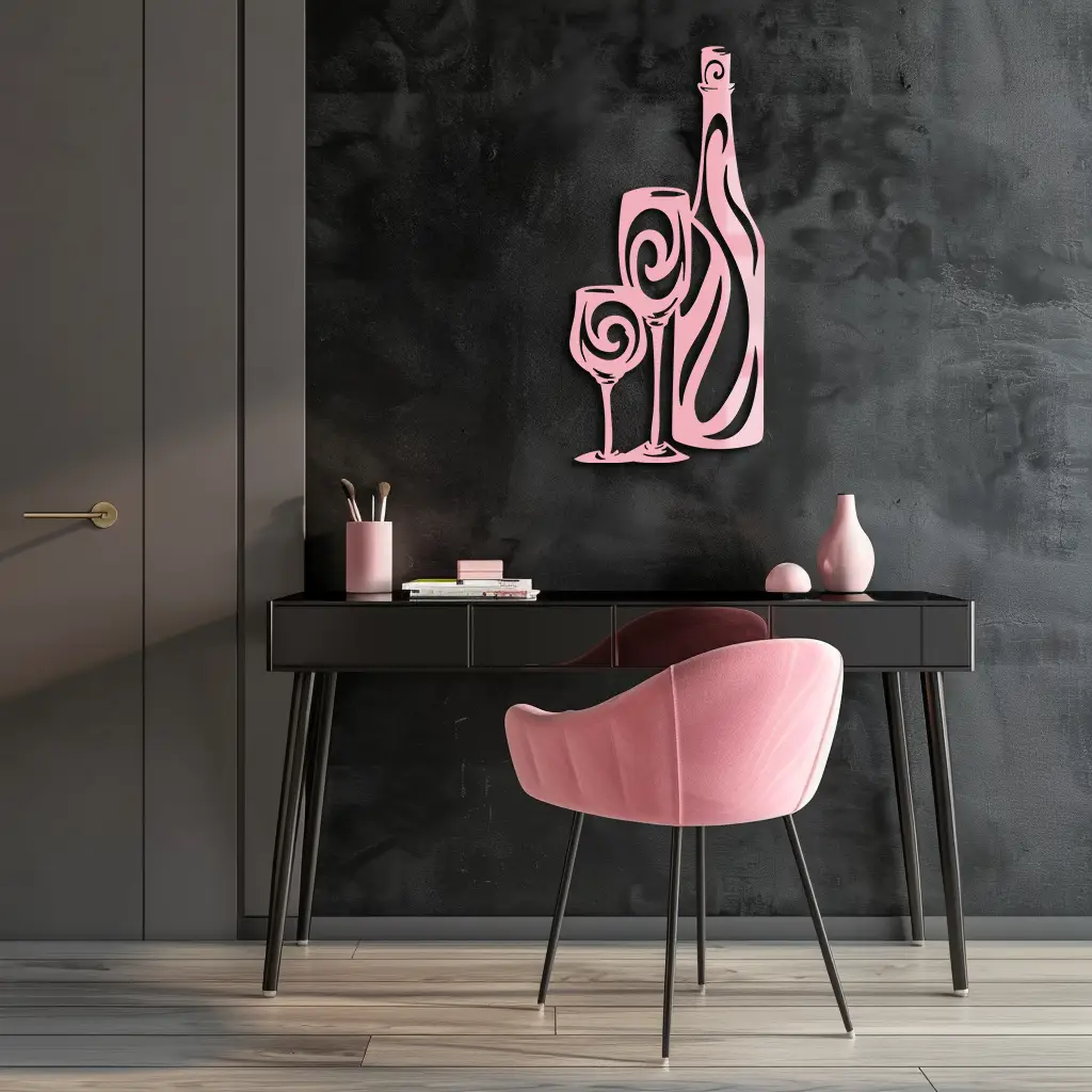 Wine Bottle and Glasses Silhouette Modern Kitchen Décor - Pink Metal Wall Art - KAFGP160 by Enova Art