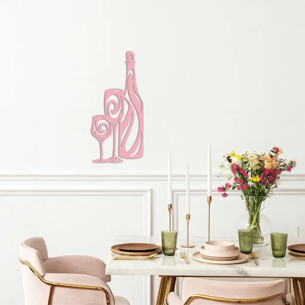 Wine Bottle and Glasses Silhouette Modern Kitchen Décor - Pink Metal Wall Art - KAFGP160 by Enova Art